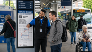 Transit ambassador explaining a temporary route change to a rider at a modern U.S. bus station during a service disruption.