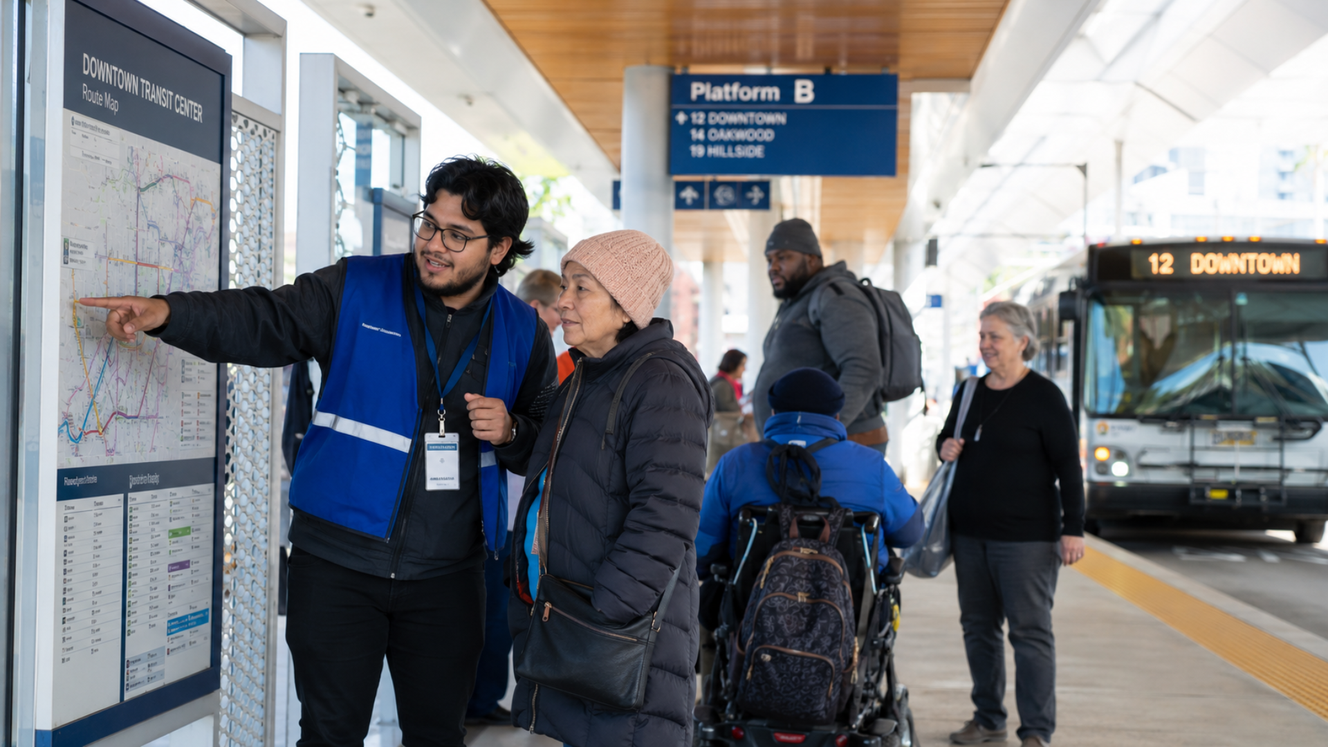 Trained transit ambassador helping an older rider navigate a route map inside a bright, modern U.S. bus station.