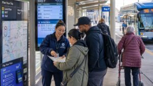 Transit ambassador explaining a temporary route change to a rider at a modern U.S. bus station during a service disruption.