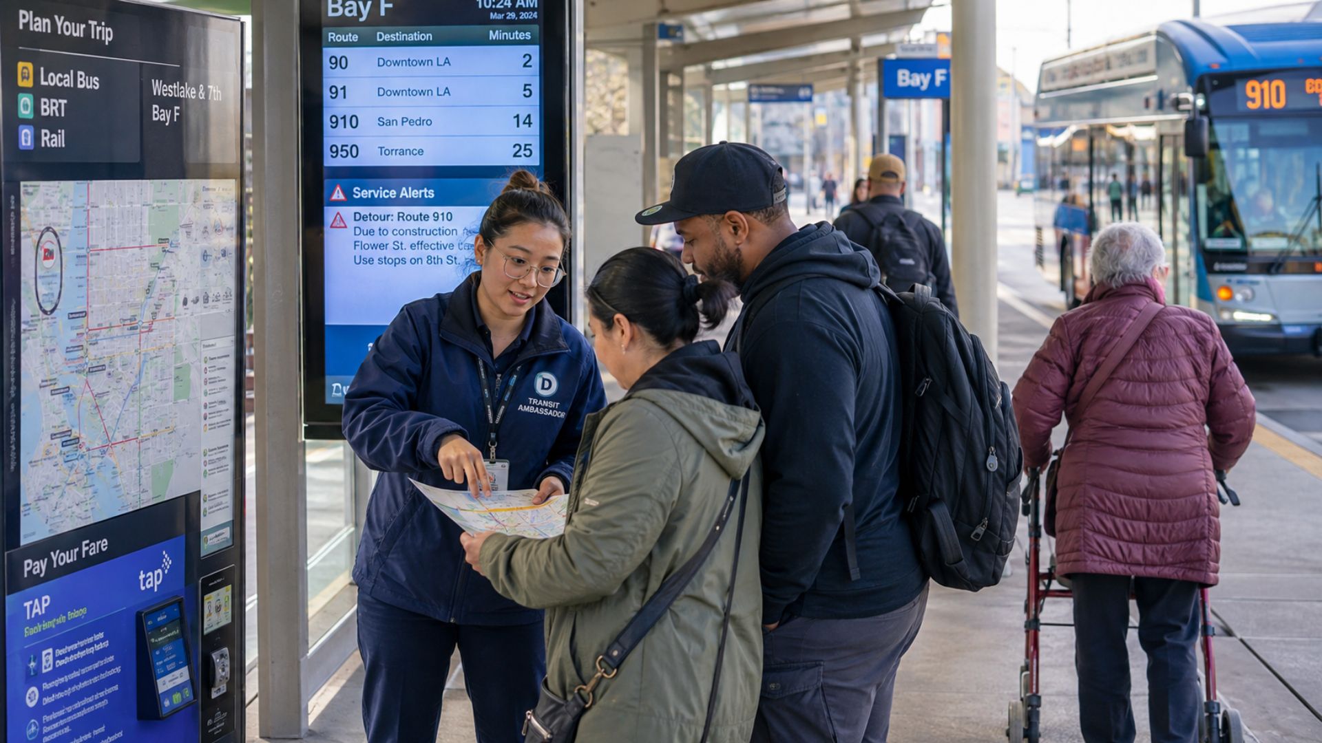 Transit ambassador explaining a temporary route change to a rider at a modern U.S. bus station during a service disruption.