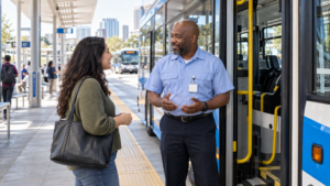 Public bus operator speaking with a rider beside an open bus door at a transit station.