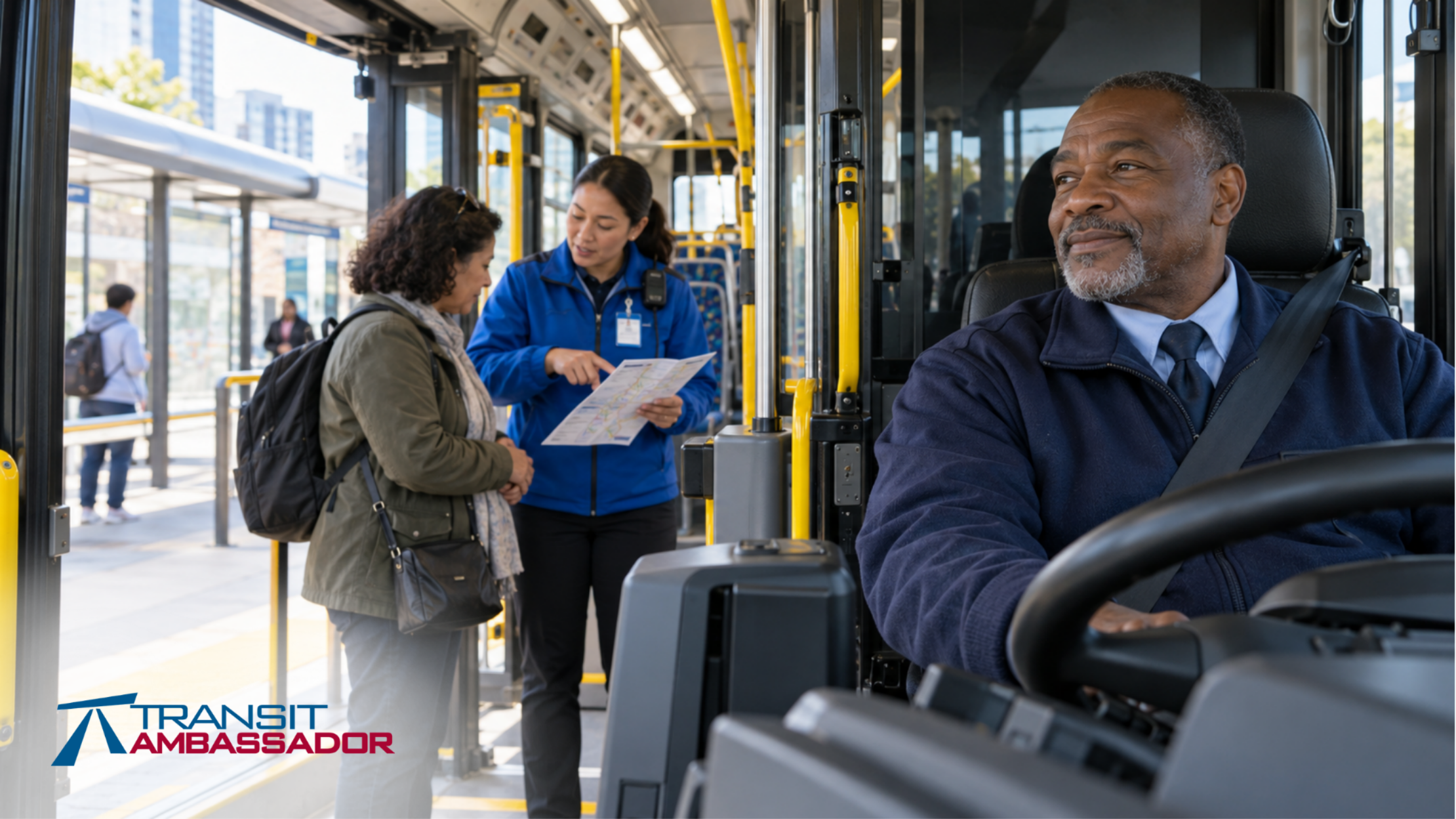 Bus operator seated at the wheel while a transit ambassador helps a passenger with directions near the open bus entrance.