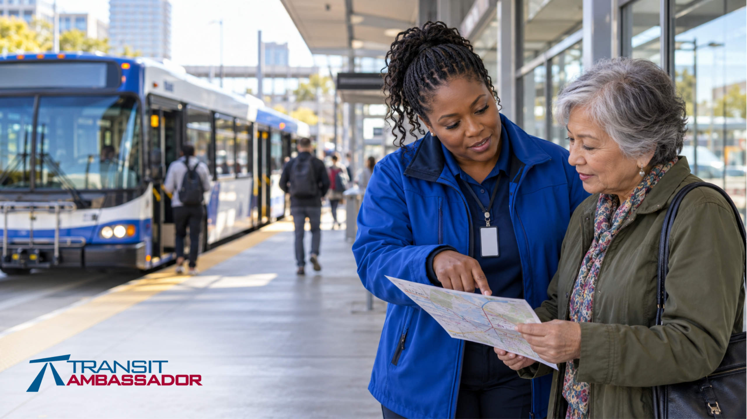 Public transit ambassador helps an older passenger read a route map at a station, with a city bus in the background.