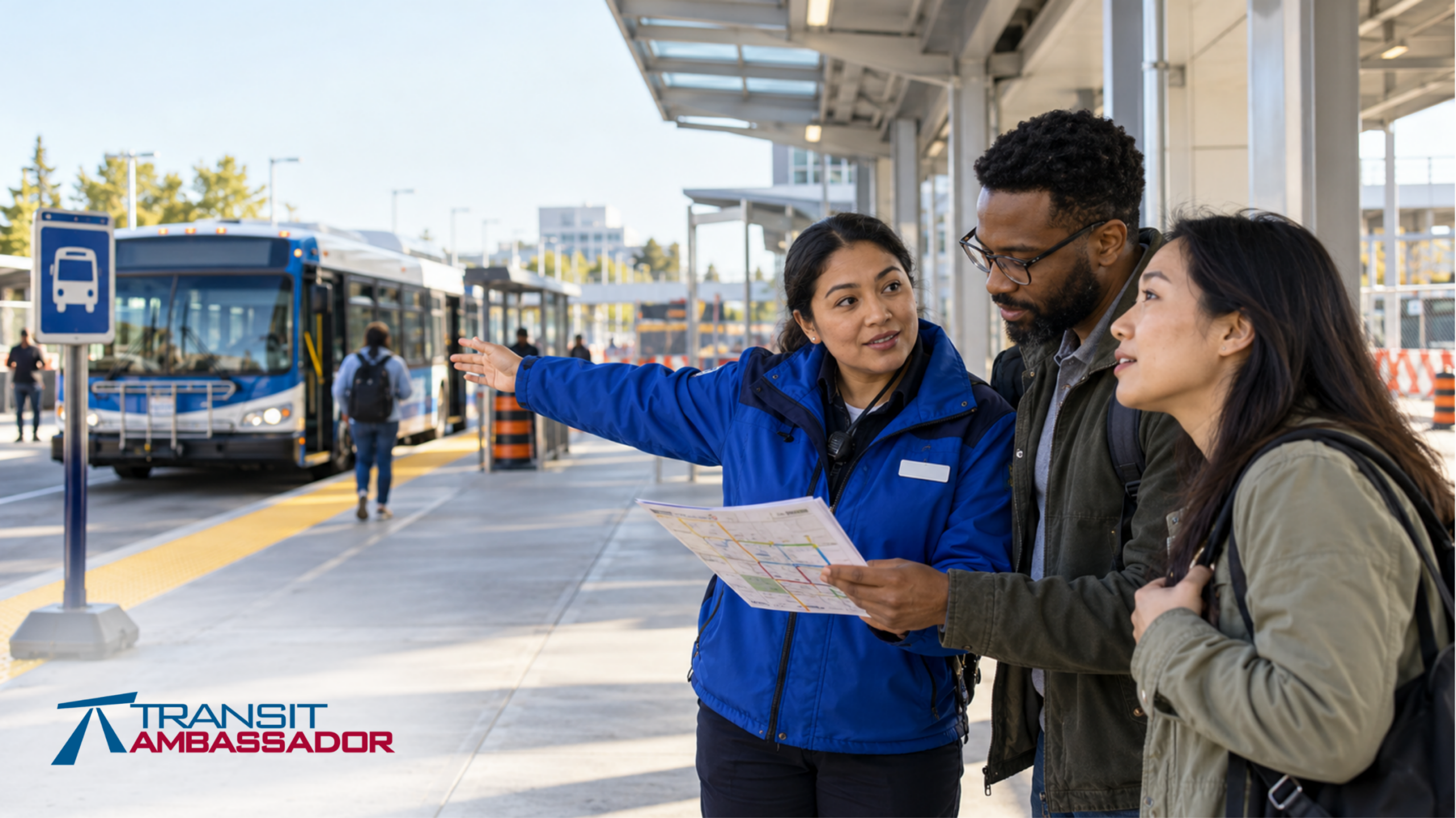 Transit ambassador uses a route map and gestures toward a temporary bus stop while helping two passengers at a public transit station.